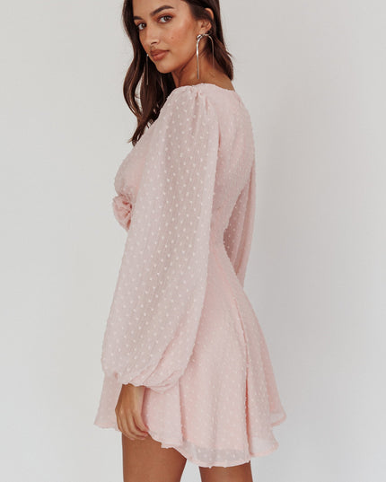 Baby Pink Open Heart Long Sleeve Rosette Mini Dress