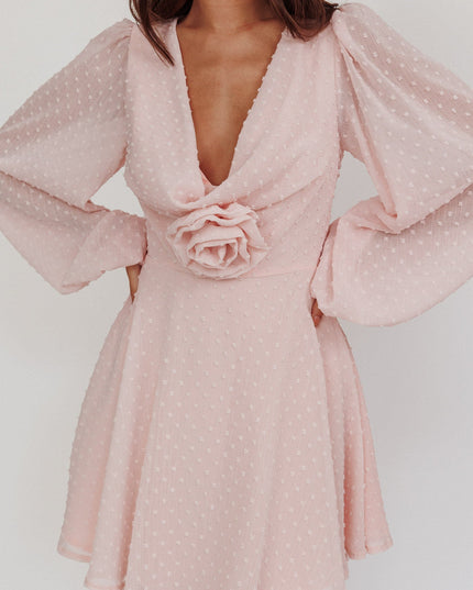 Baby Pink Open Heart Long Sleeve Rosette Mini Dress