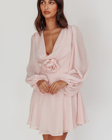 Baby Pink Open Heart Long Sleeve Rosette Mini Dress