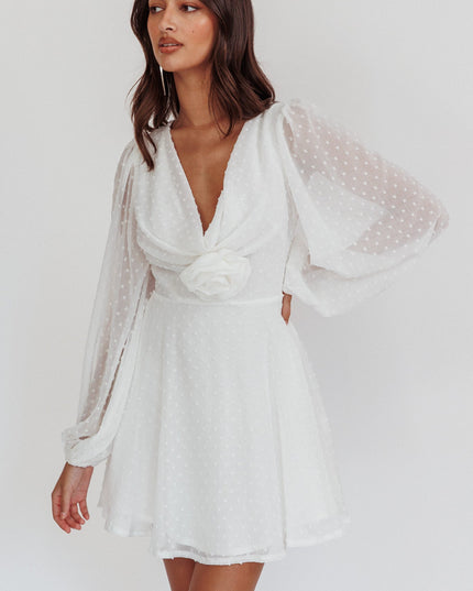 White Open Heart Long Sleeve Rosette Mini Dress