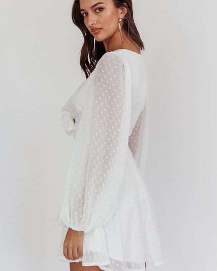 White Open Heart Long Sleeve Rosette Mini Dress