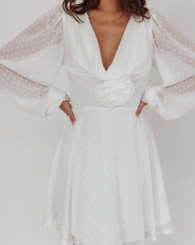 White Open Heart Long Sleeve Rosette Mini Dress