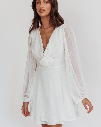White Open Heart Long Sleeve Rosette Mini Dress