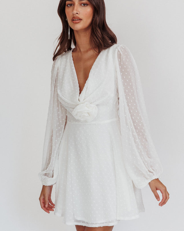 White Open Heart Long Sleeve Rosette Mini Dress