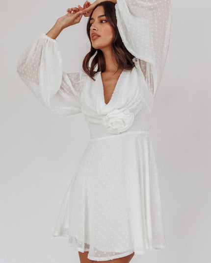 White Open Heart Long Sleeve Rosette Mini Dress