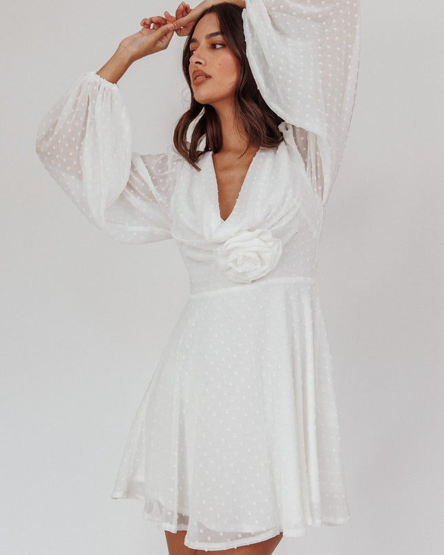 White Open Heart Long Sleeve Rosette Mini Dress