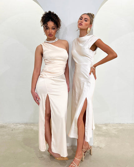 Champagne One-Shoulder Gathered Maxi Dress