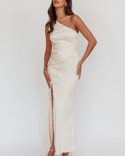 Champagne One-Shoulder Gathered Maxi Dress