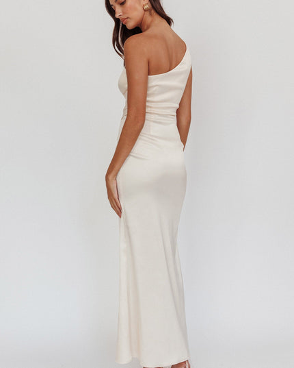 Champagne One-Shoulder Gathered Maxi Dress