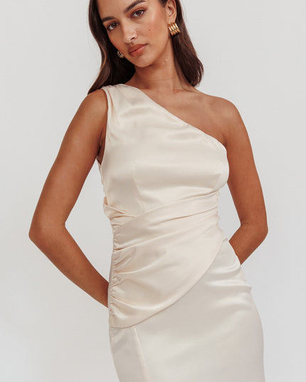 Champagne One-Shoulder Gathered Maxi Dress
