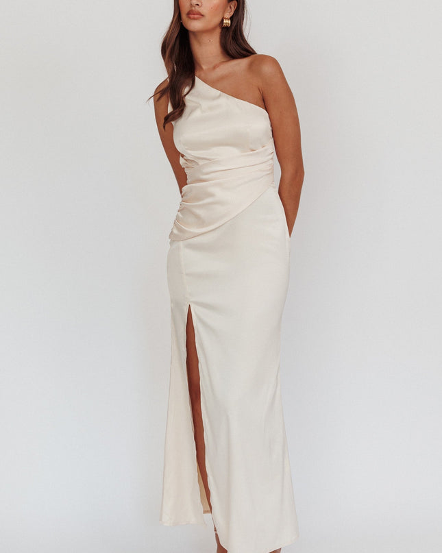 Champagne One-Shoulder Gathered Maxi Dress
