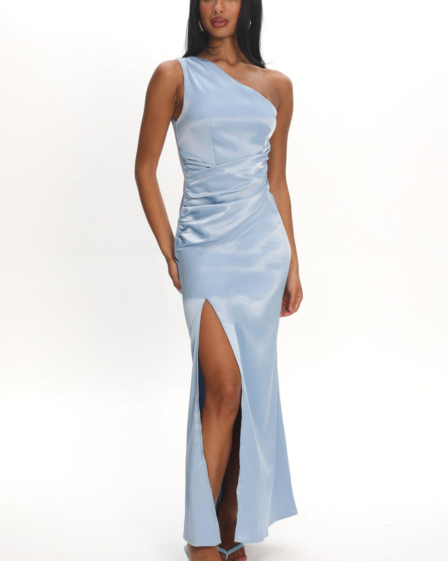 Steel Blue One-Shoulder Gathered Maxi Dress