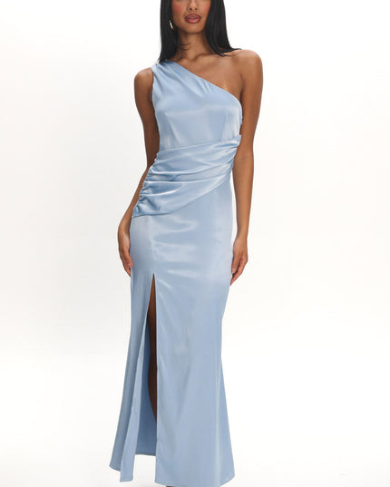 Steel Blue One-Shoulder Gathered Maxi Dress