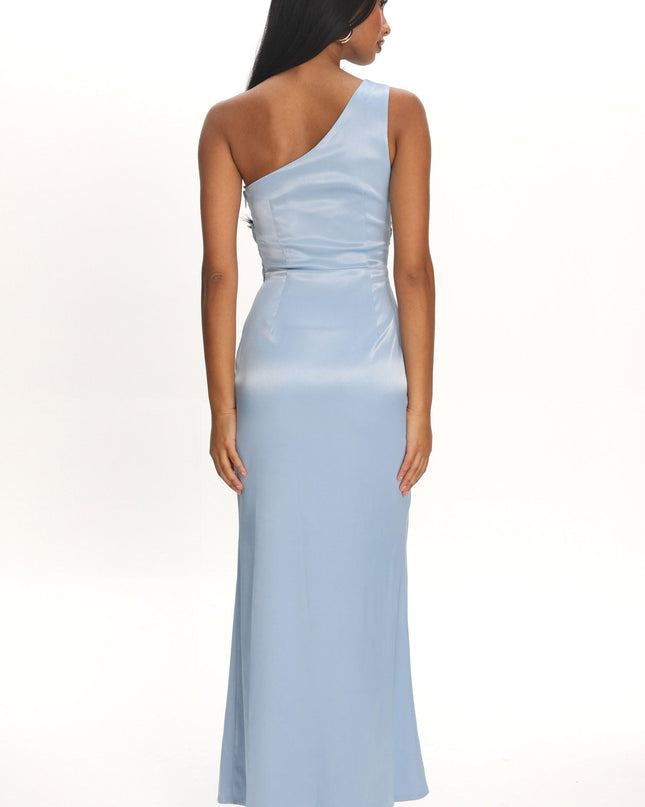Steel Blue One-Shoulder Gathered Maxi Dress