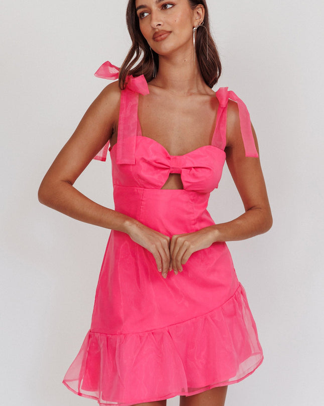Hot Pink Bow Shoulder Ruffle Hem Mini Dress