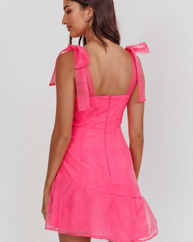 Hot Pink Bow Shoulder Ruffle Hem Mini Dress
