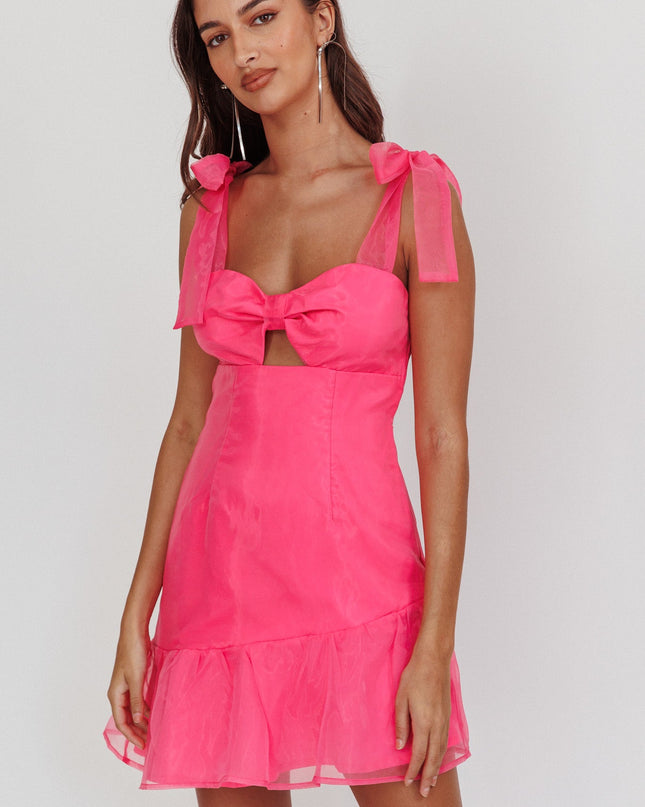Hot Pink Bow Shoulder Ruffle Hem Mini Dress