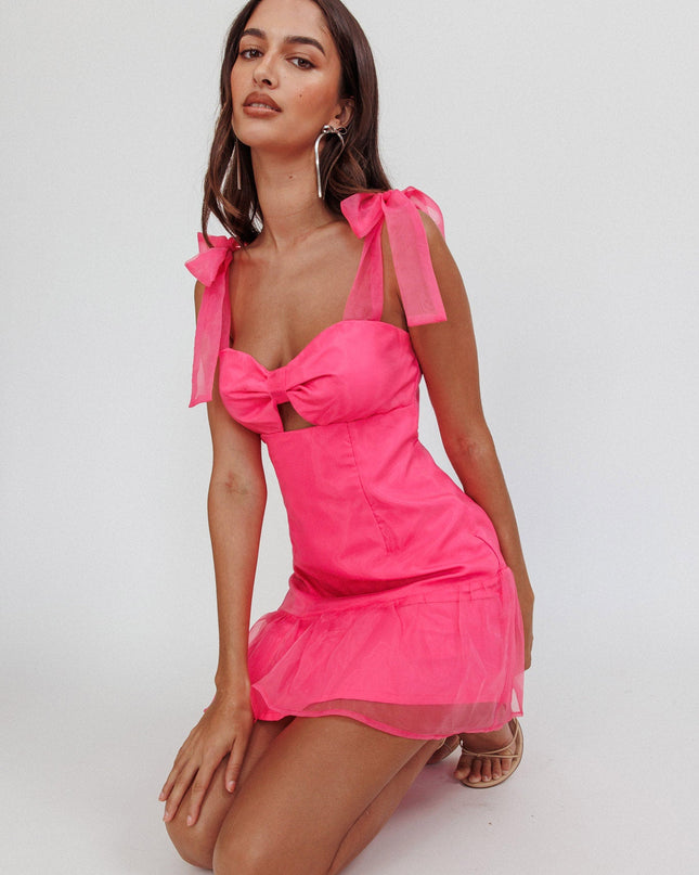 Hot Pink Bow Shoulder Ruffle Hem Mini Dress