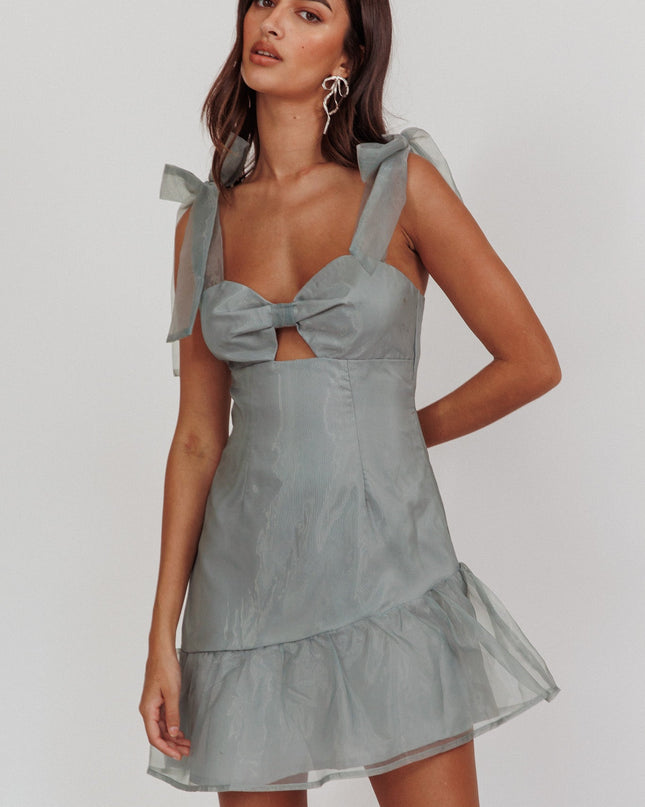 Sage Bow Shoulder Ruffle Hem Mini Dress