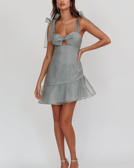 Sage Bow Shoulder Ruffle Hem Mini Dress