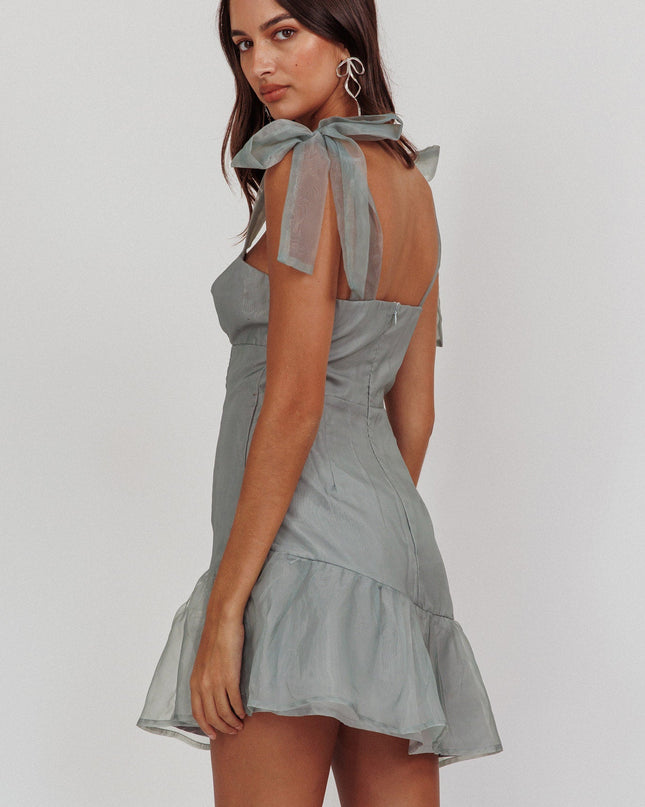 Sage Bow Shoulder Ruffle Hem Mini Dress