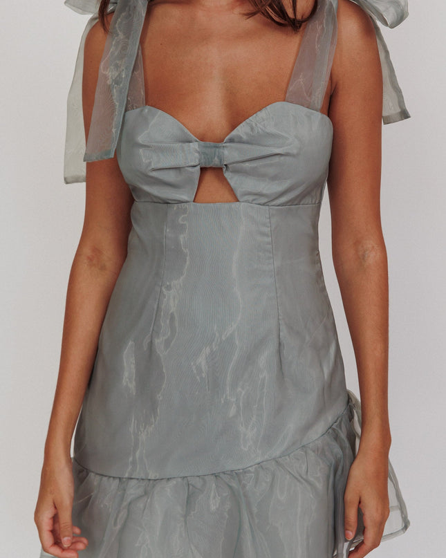 Sage Bow Shoulder Ruffle Hem Mini Dress