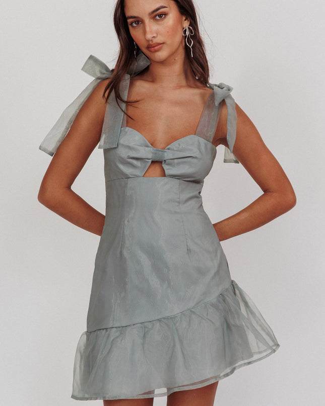 Sage Bow Shoulder Ruffle Hem Mini Dress