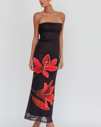 Black Strapless Floral Maxi Dress