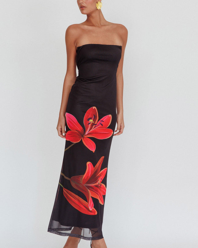 Black Strapless Floral Maxi Dress