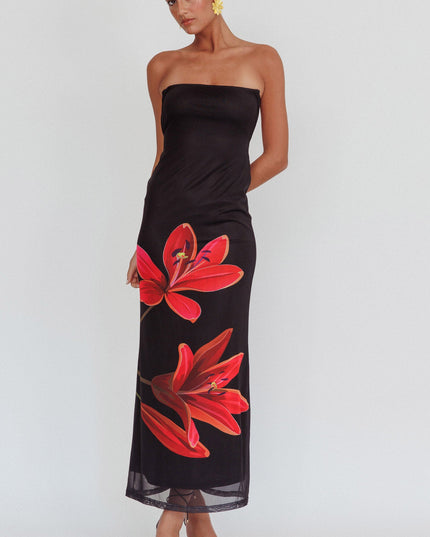 Black Strapless Floral Maxi Dress