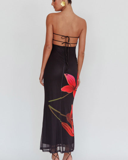 Black Strapless Floral Maxi Dress