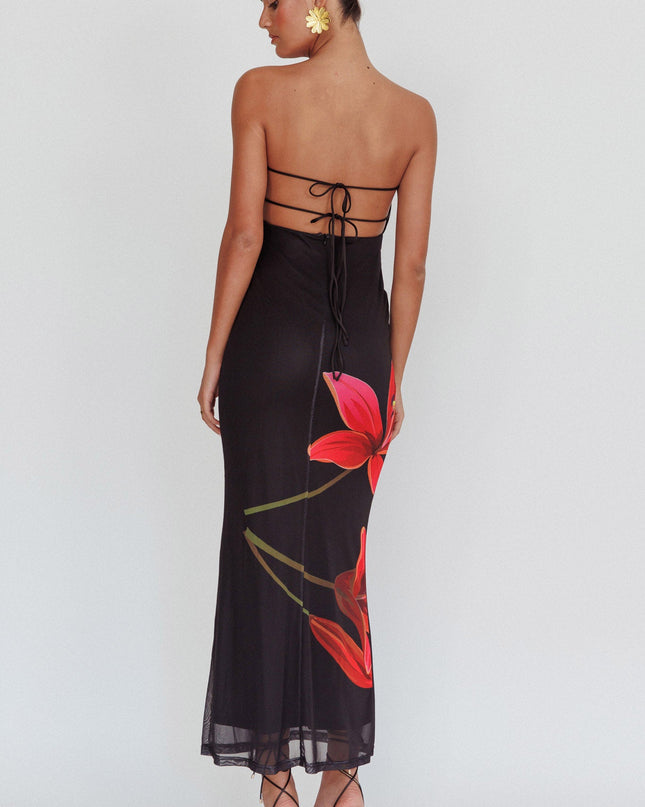 Black Strapless Floral Maxi Dress