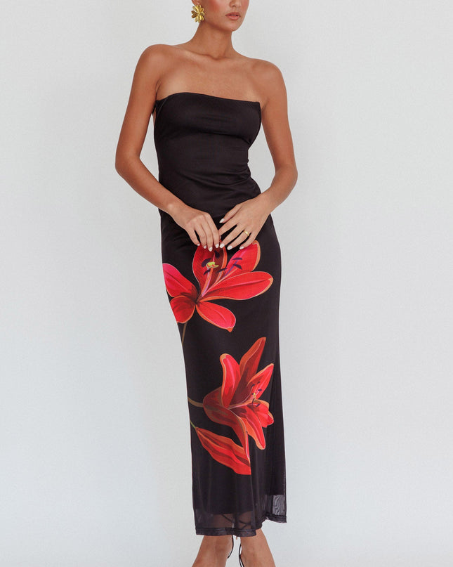 Black Strapless Floral Maxi Dress