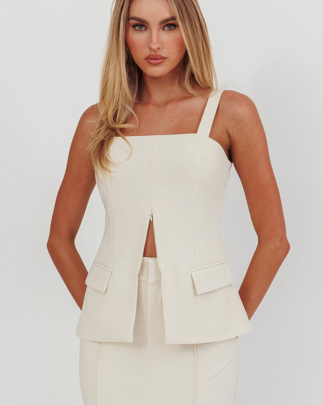 Cream Do Front Zip Sleeveless Top