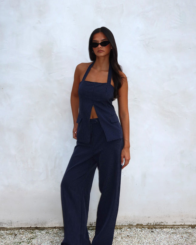 Navy Wide Leg Pants Pinstripe