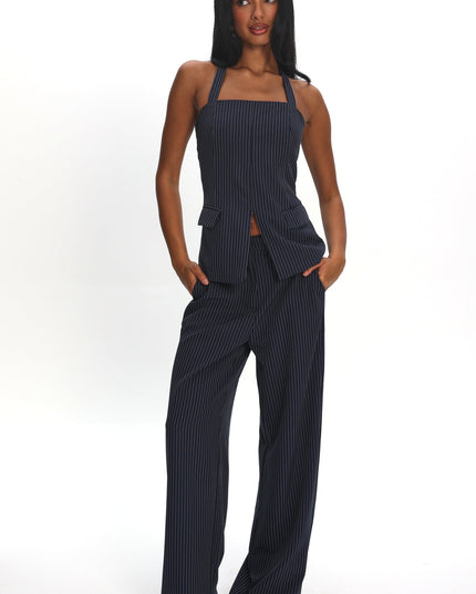 Navy Wide Leg Pants Pinstripe