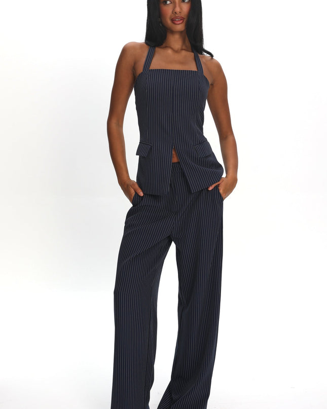 Navy Wide Leg Pants Pinstripe