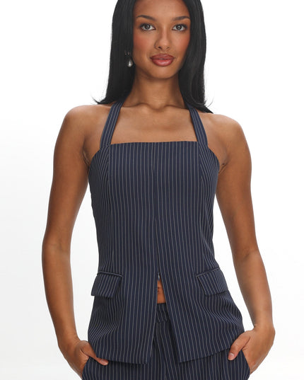 Navy Front Zip Halter Top Pinstripe