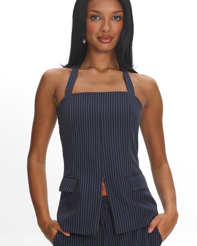 Navy Front Zip Halter Top Pinstripe