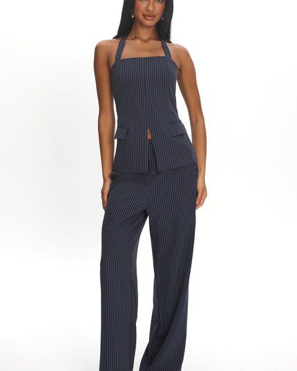 Navy Front Zip Halter Top Pinstripe