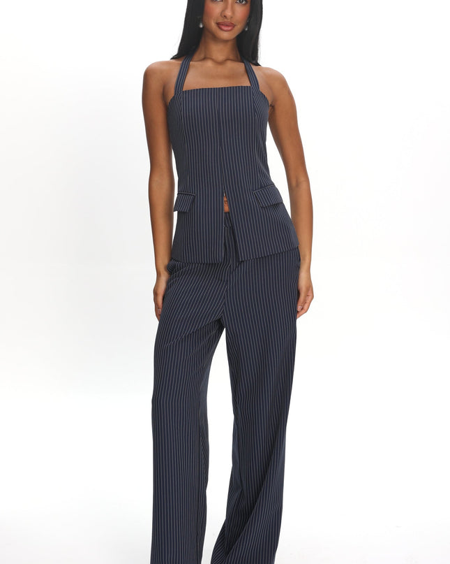 Navy Front Zip Halter Top Pinstripe