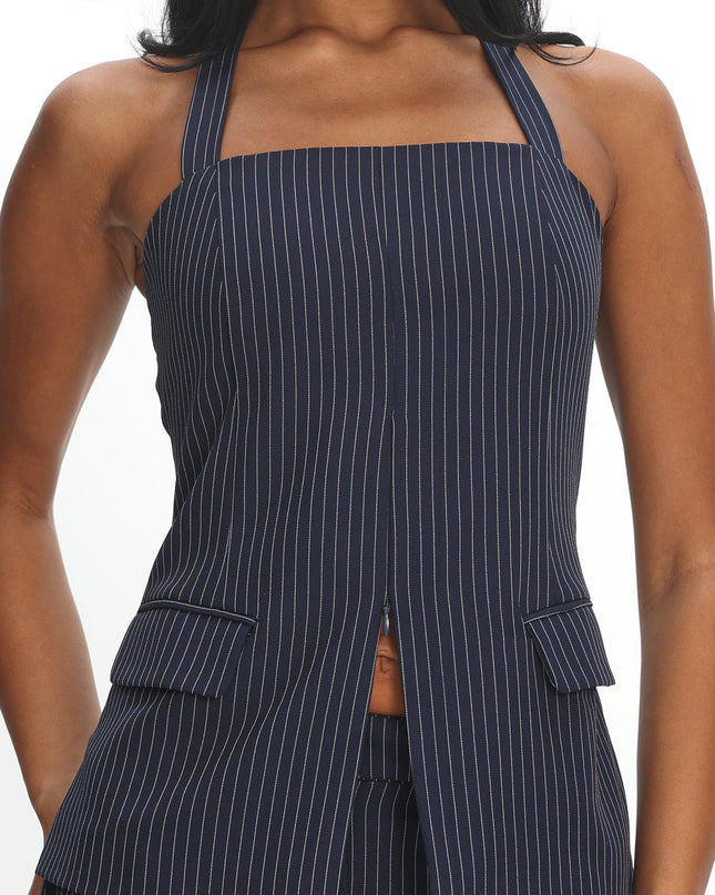 Navy Front Zip Halter Top Pinstripe