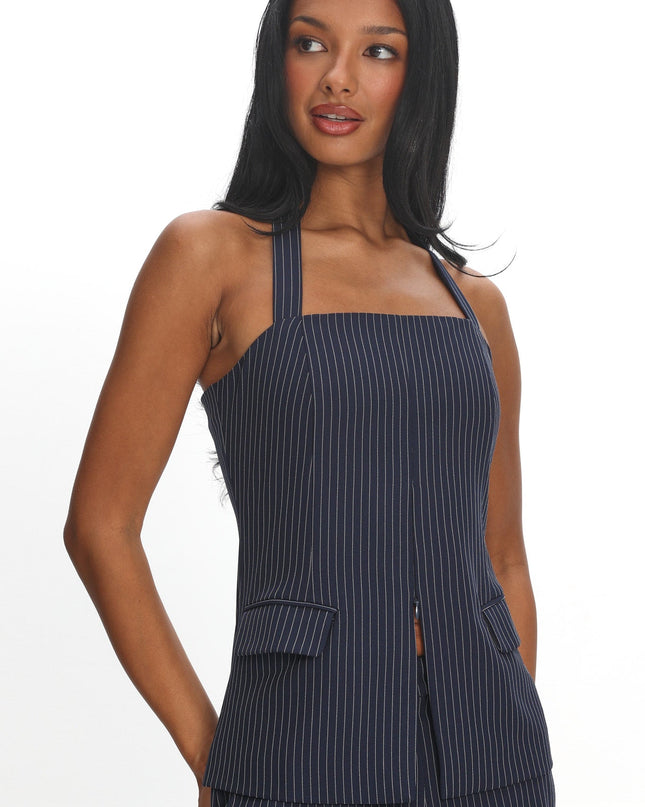 Navy Front Zip Halter Top Pinstripe