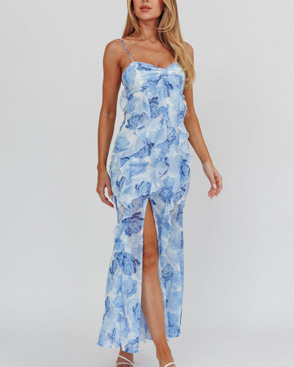 Blue Ruffle Maxi Dress Floral