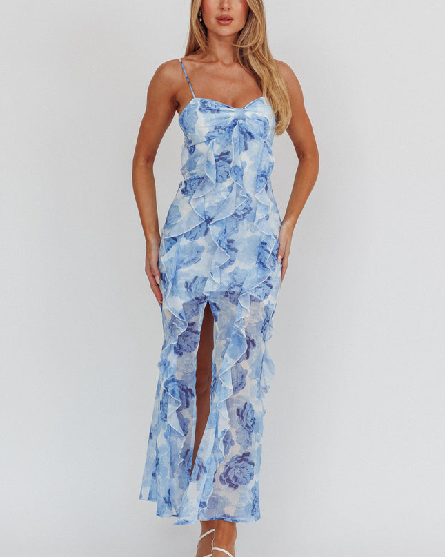Blue Ruffle Maxi Dress Floral