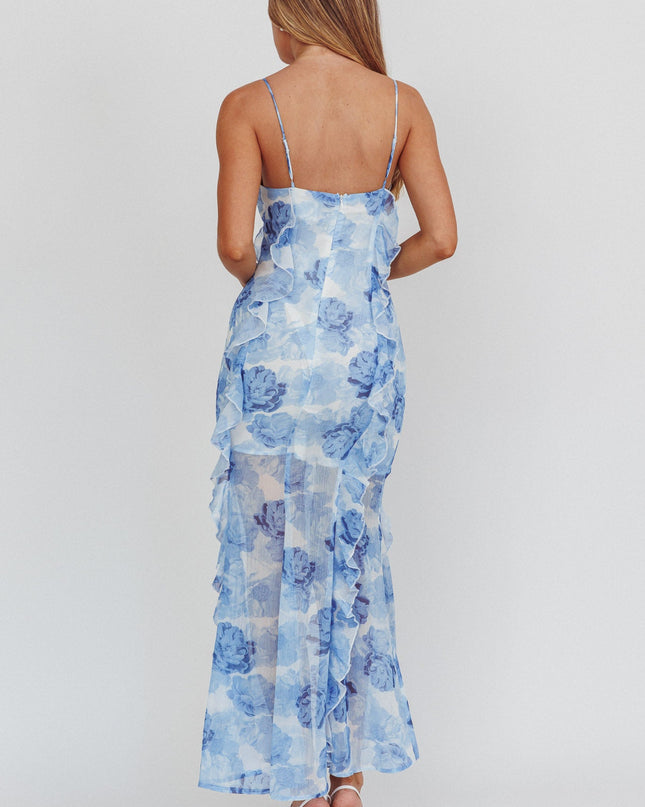 Blue Ruffle Maxi Dress Floral