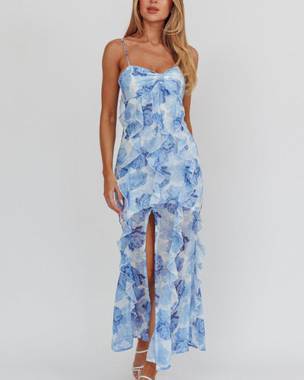 Blue Ruffle Maxi Dress Floral