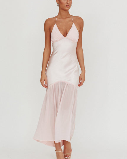 Pink Chiffon Hem Halter Maxi Dress
