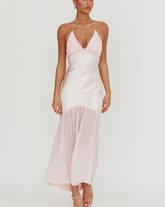 Pink Chiffon Hem Halter Maxi Dress