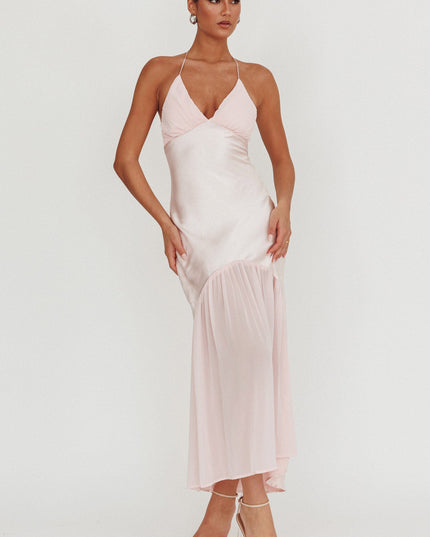 Pink Chiffon Hem Halter Maxi Dress